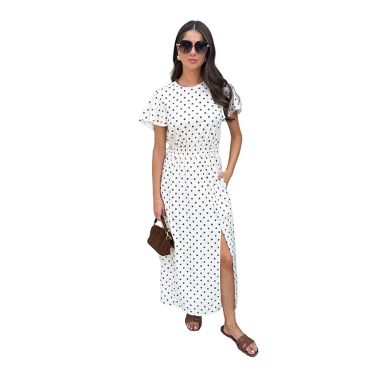 Cream - Front - AX Paris Womens-Ladies Polka Dot Polyester Shirred Waist Midi Dress