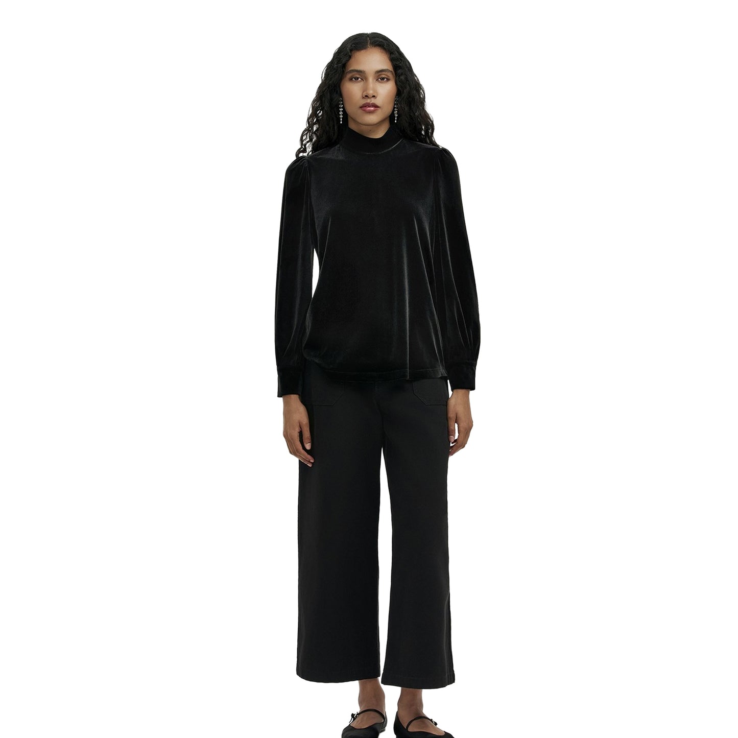 Black - Lifestyle - Finery Womens-Ladies Velvet Mock Neck Balloon Sleeve Blouse