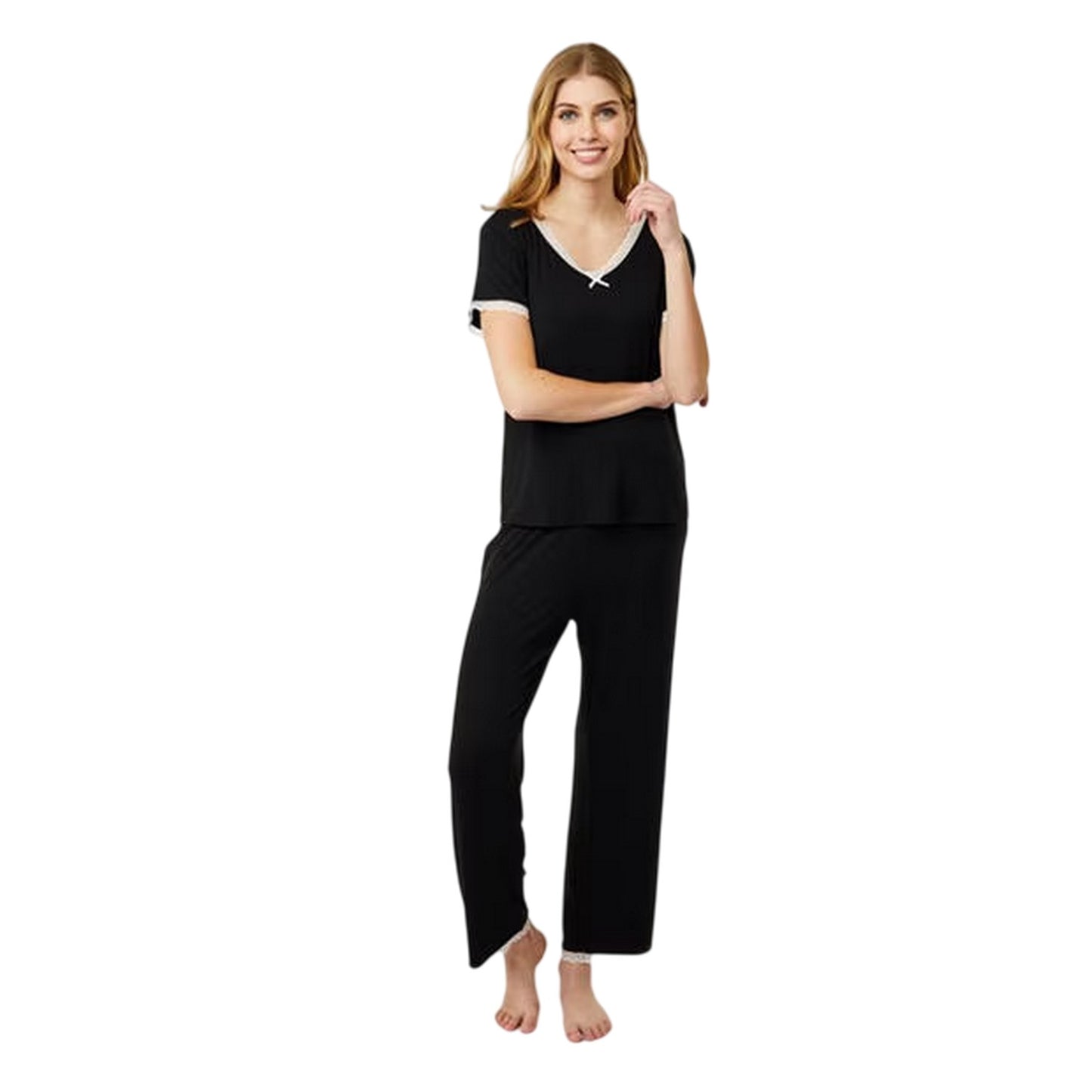 Black - Side - CCDK Copenhagen Womens-Ladies Lace Detail Short-Sleeved Pyjama Set