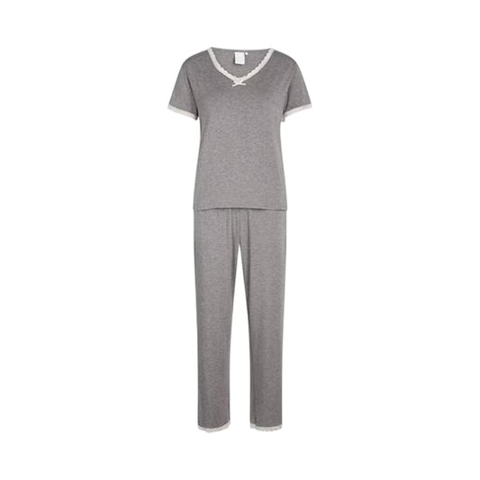 Grey Melange - Front - CCDK Copenhagen Womens-Ladies Lace Detail Short-Sleeved Pyjama Set