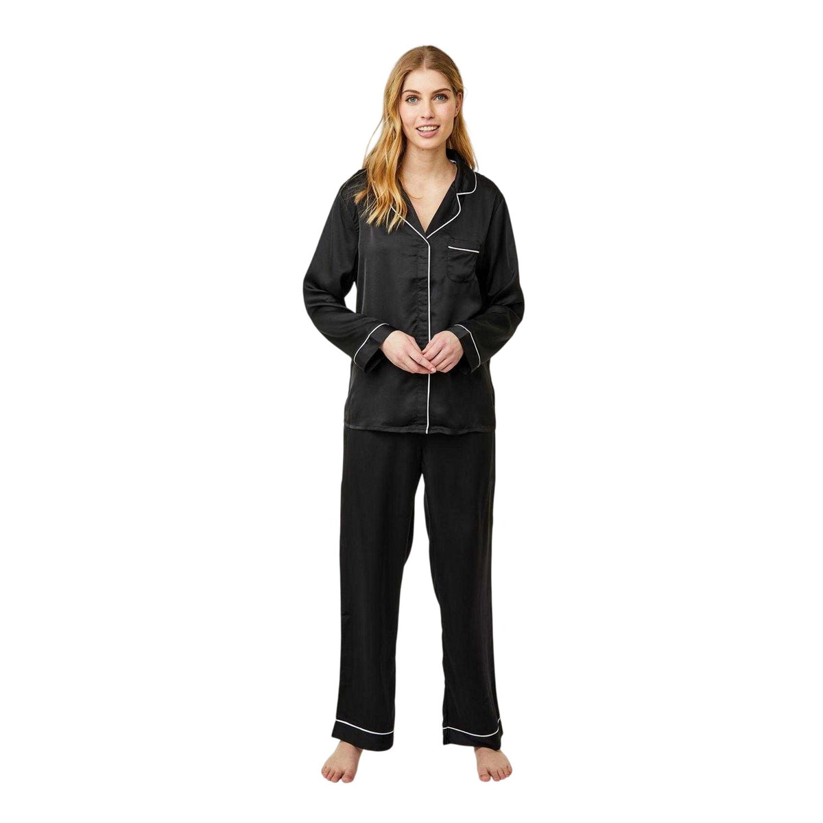 Black - Side - CCDK Copenhagen Womens-Ladies Josephine Piped Recycled Polyester Long Pyjama Set