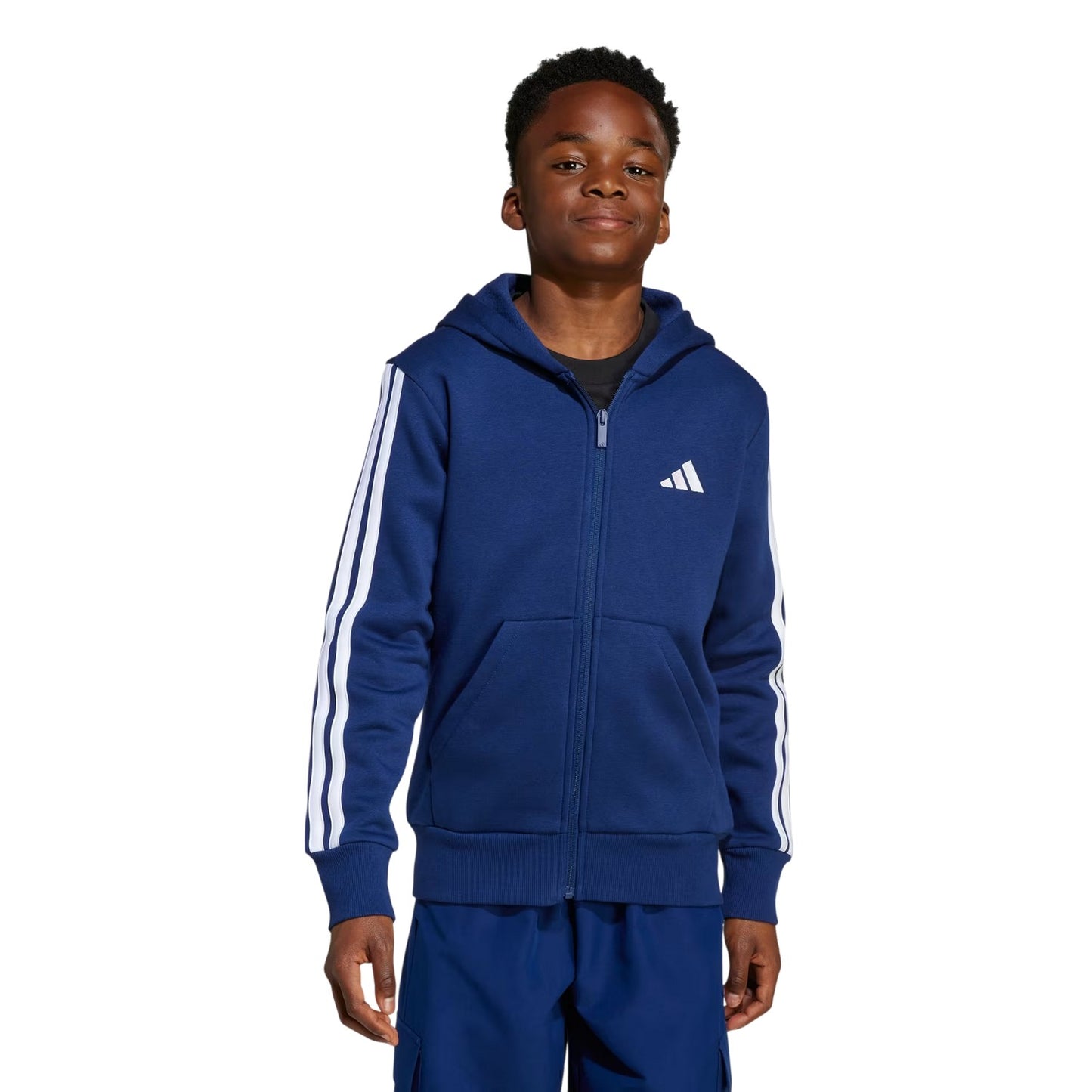 Navy-White - Side - Adidas Childrens-Kids Essentials 3 Stripes Full Zip Hoodie