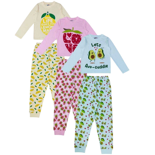 Multicoloured - Front - Star Childrens-Kids Fruit Long Pyjama Set (Pack of 3)