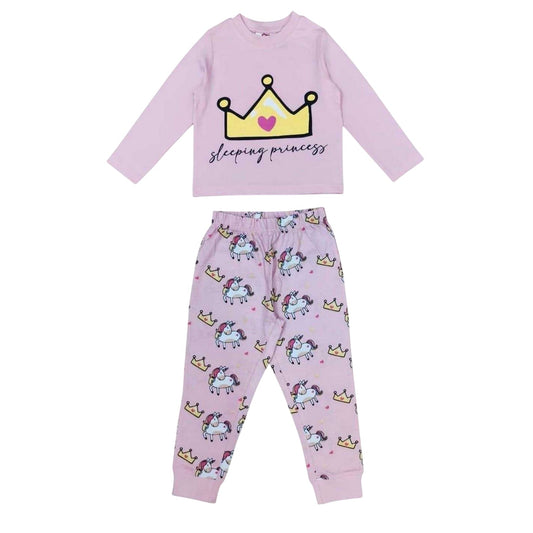 Pink - Front - Star Girls Crown Cotton Long Pyjama Set