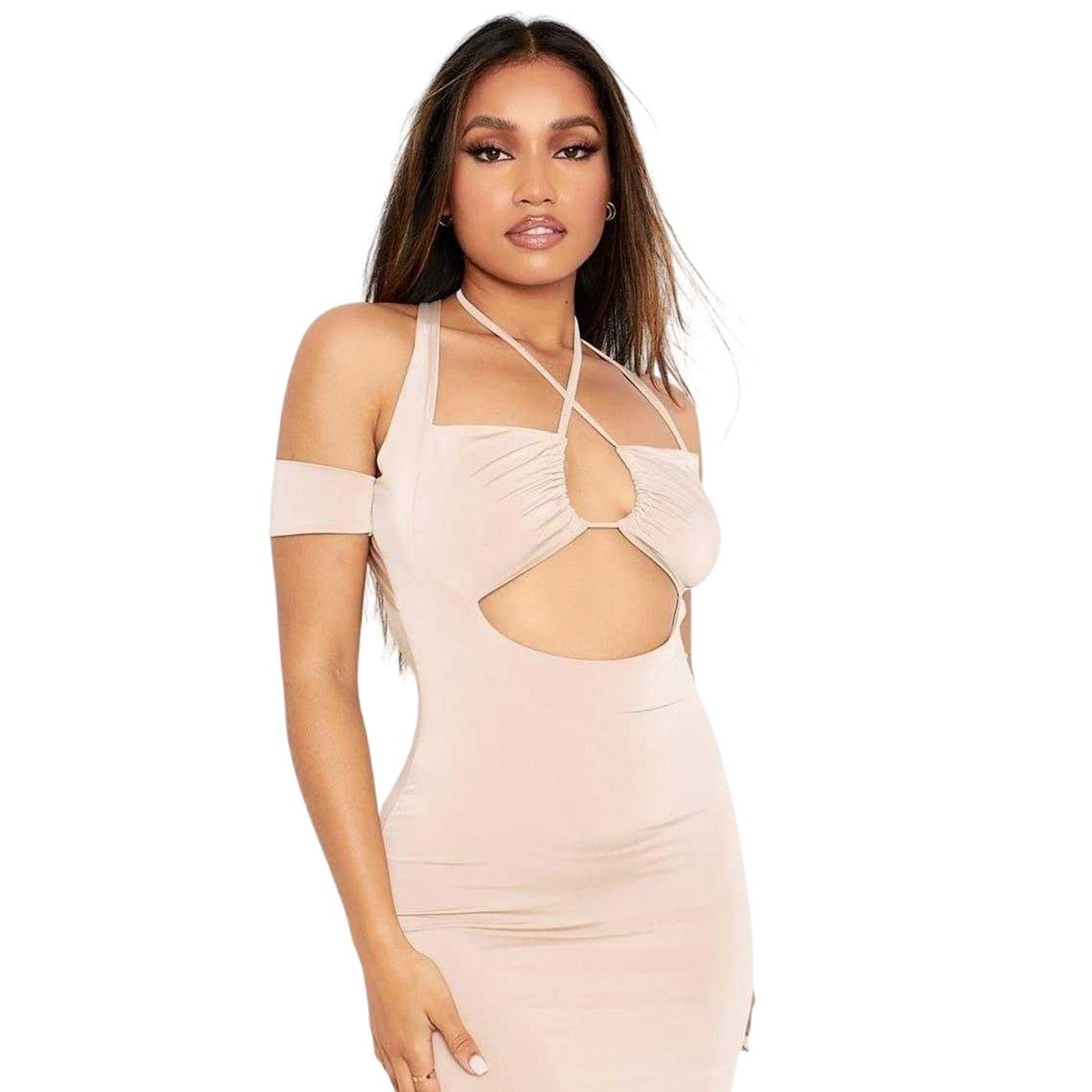 Beige - Side - Missy Empire Womens-Ladies Double Layer Off-the-Shoulder Mini Dress