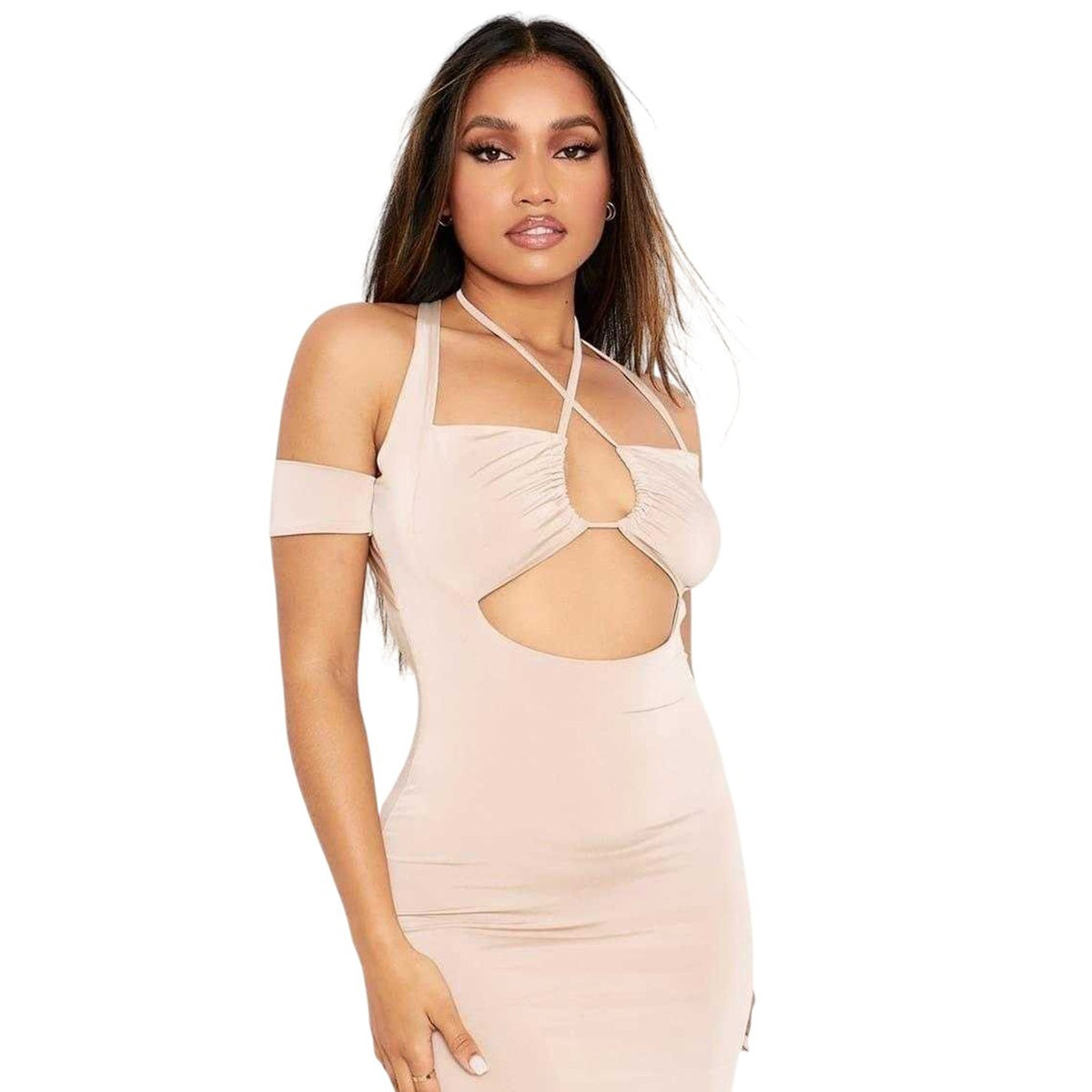 Beige - Side - Missy Empire Womens-Ladies Double Layer Off-the-Shoulder Mini Dress