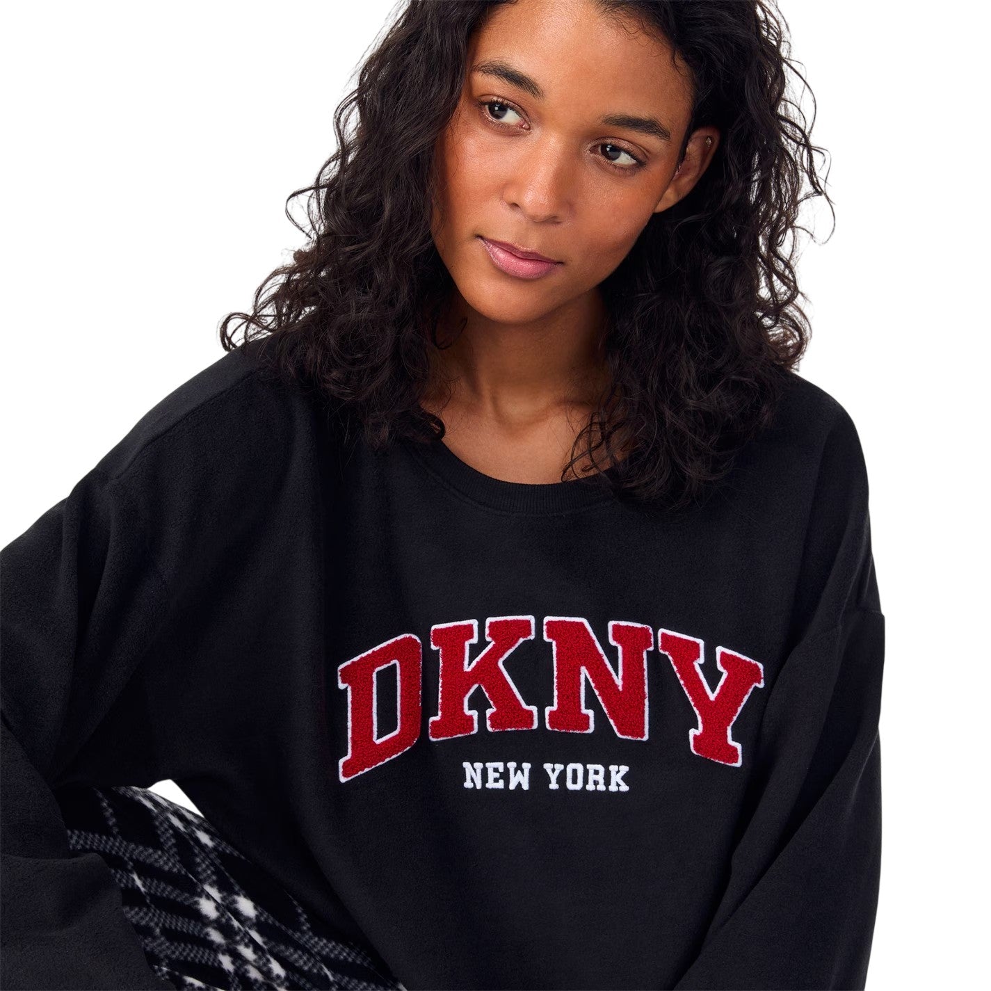 Black - Side - DKNY Womens-Ladies Plaid Crew Neck Long Pyjama Set