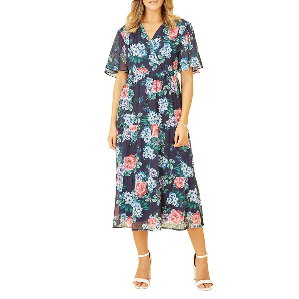 Navy - Lifestyle - Yumi Womens-Ladies Floral V Neck Midi Dress
