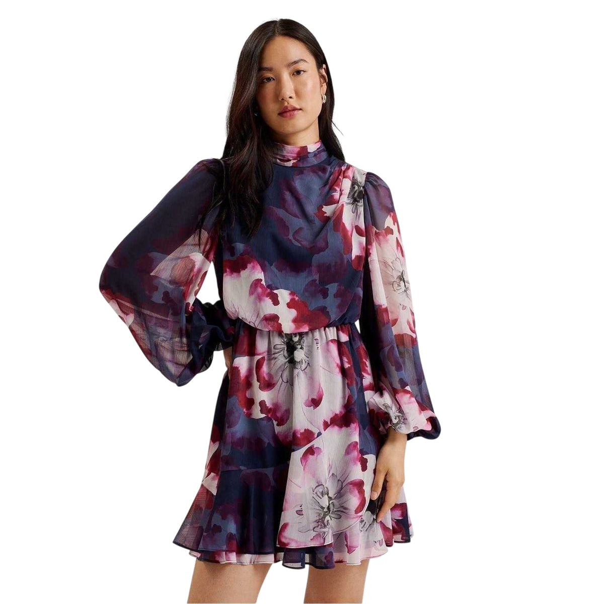 Navy-Multicoloured - Side - Ted Baker Womens-Ladies Aracely Floral Chiffon Bishop Mini Dress