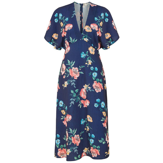 Navy - Front - Yumi Womens-Ladies Floral Pattern Kimono Sleeve Wrap Dress