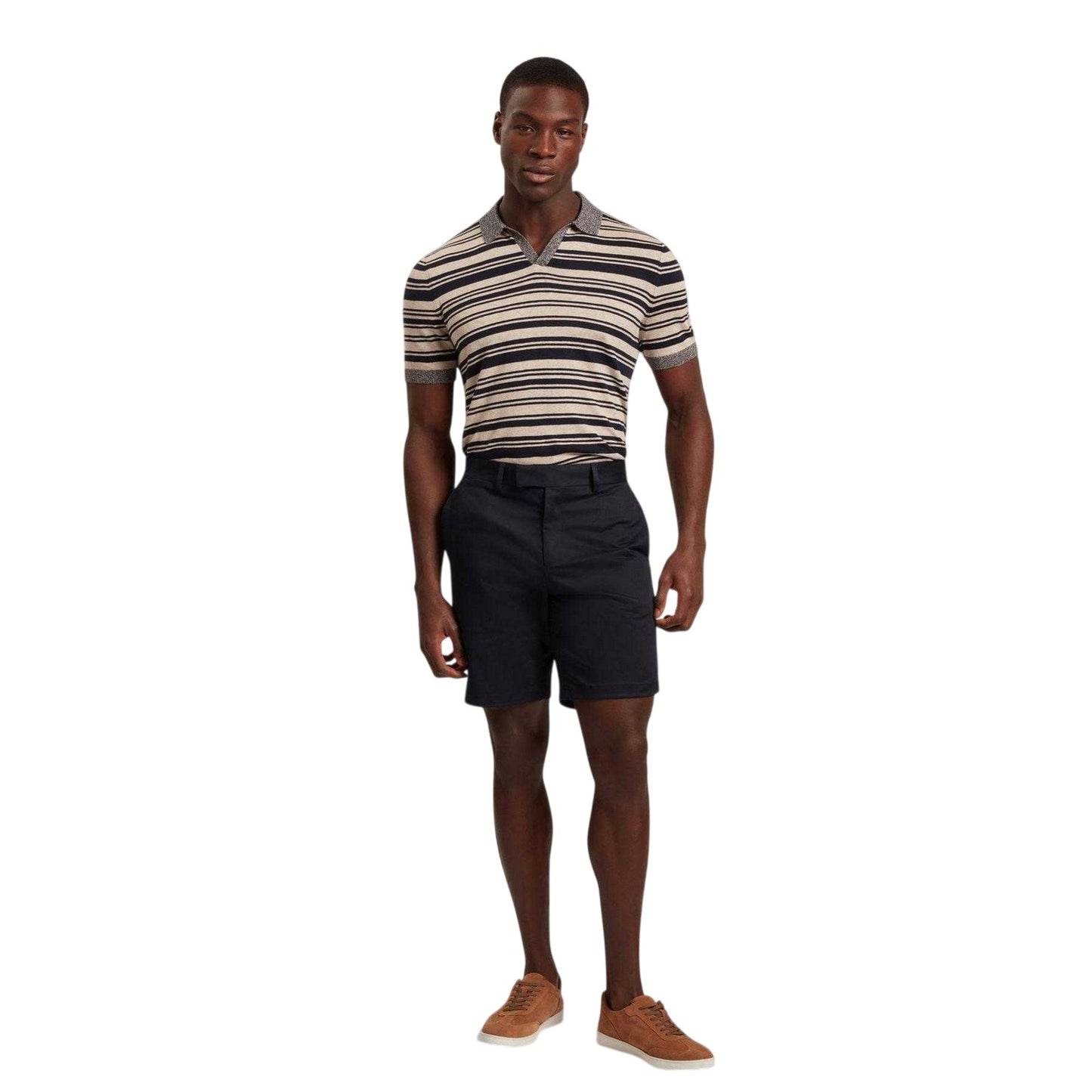 Beige-Navy-Grey - Side - Ted Baker Mens Striped Linen Blend Short-Sleeved Polo Shirt