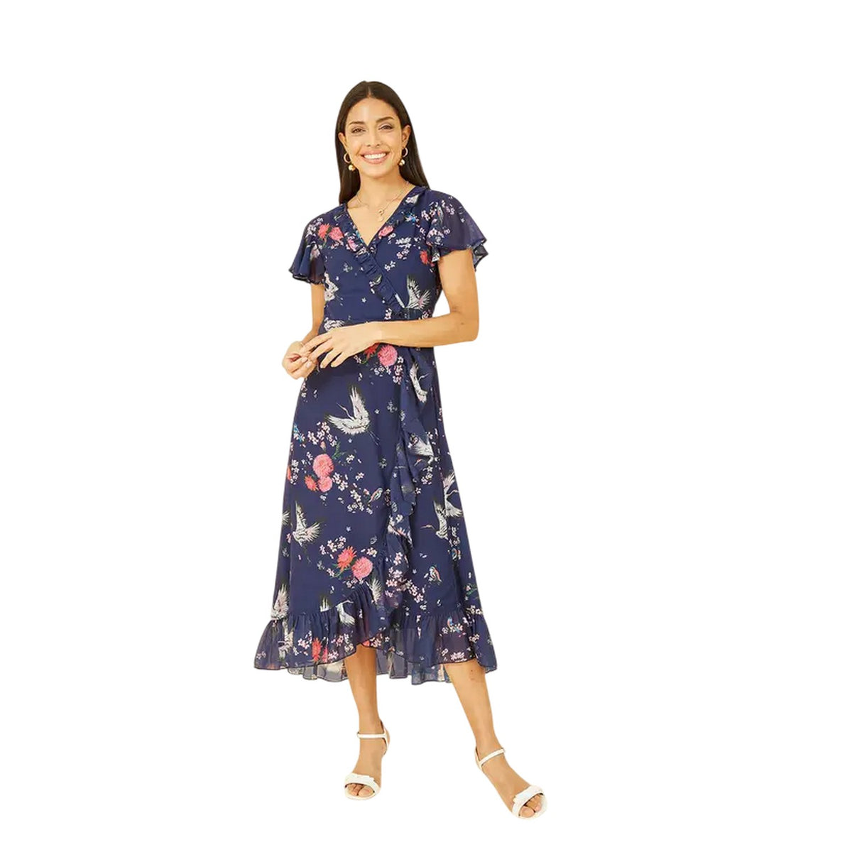 Navy - Side - Yumi Womens-Ladies Crane V Neck Wrap Dress