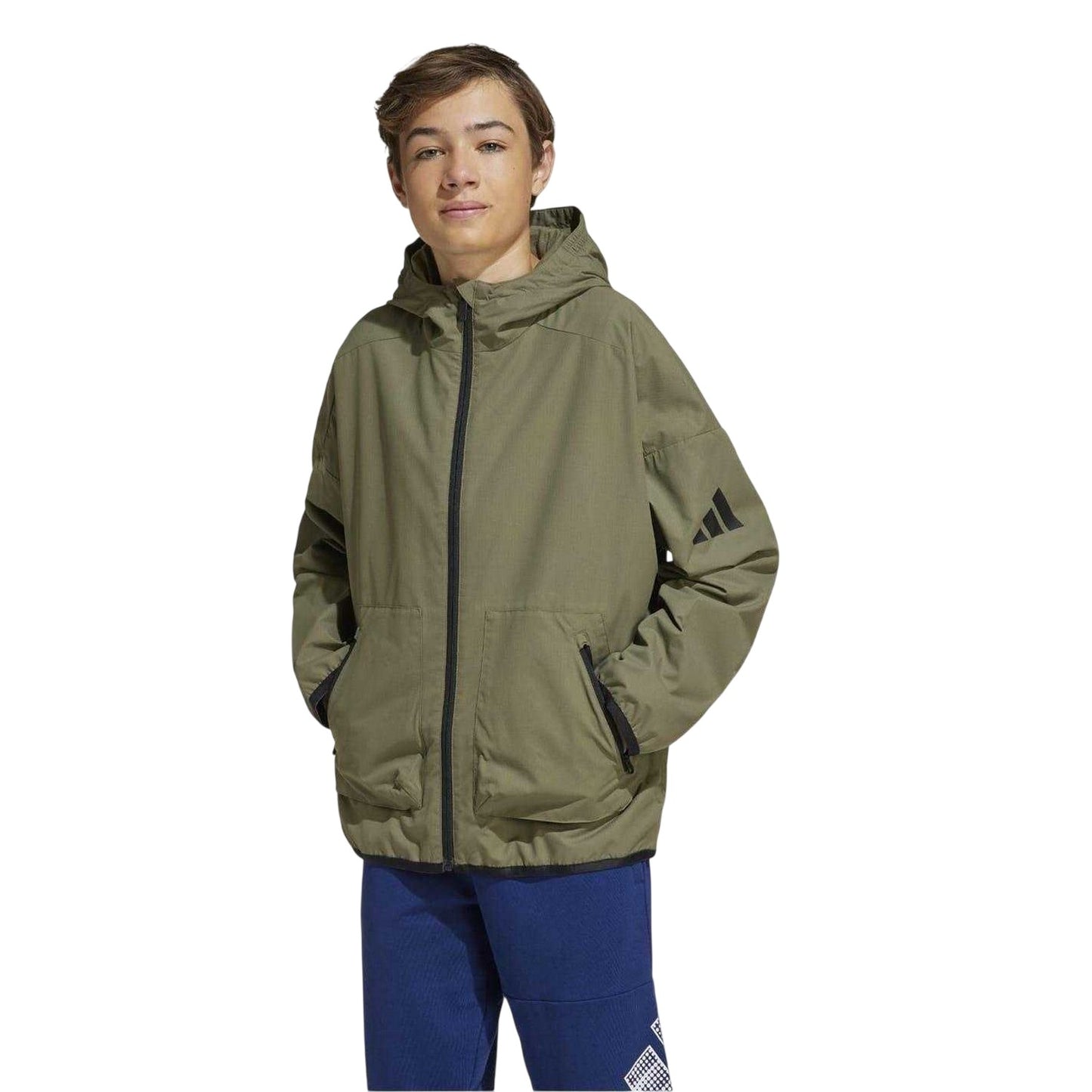 Olive-Black - Side - Adidas Childrens-Kids Zipped Hooded Jacket