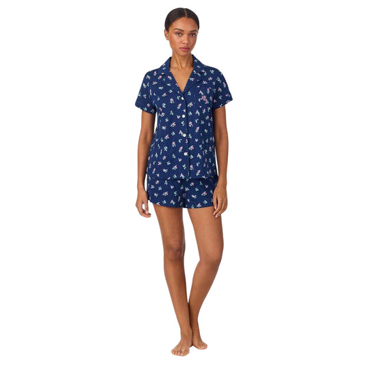 Navy - Front - Ralph Lauren Womens-Ladies Floral Notch Neck Short Pyjama Set