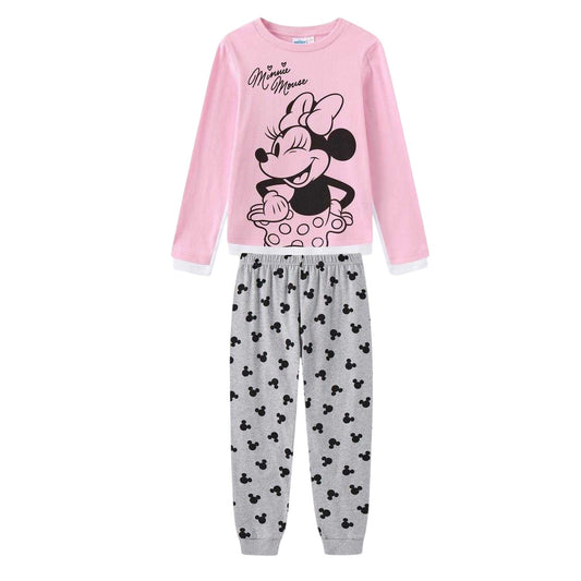 Pink-Grey - Front - Disney Girls Minnie Mouse Brushed Cotton Long Pyjama Set