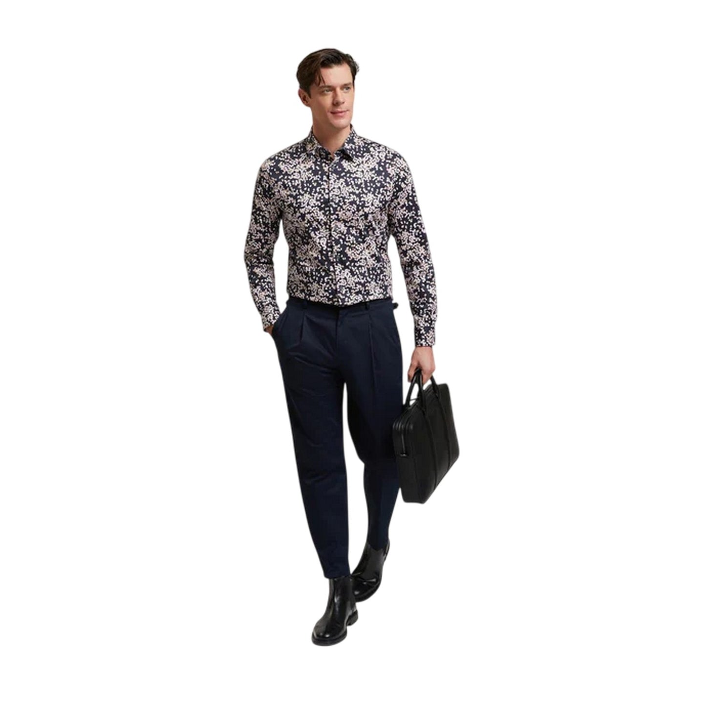 Navy - Side - Ted Baker Mens Leaf Print Shirt