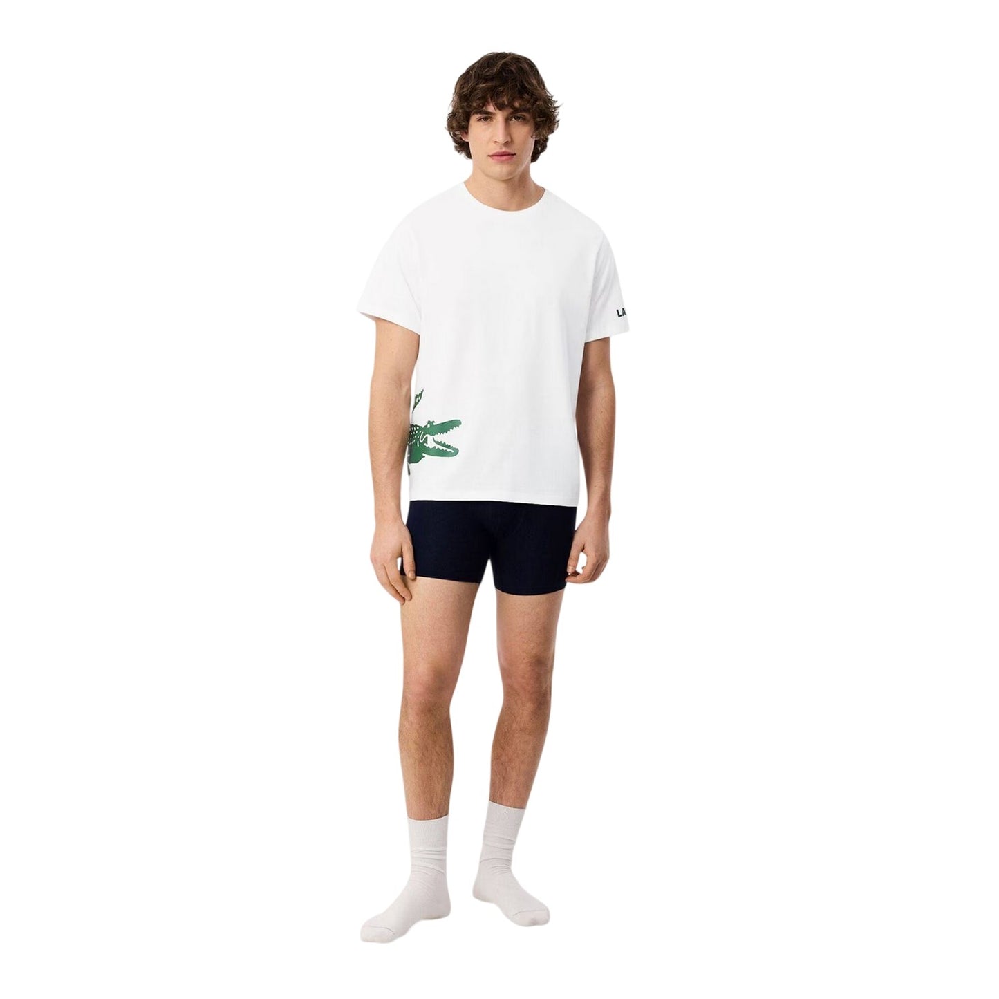 White - Side - Lacoste Mens Back Print Cotton Short-Sleeved Pyjama Top