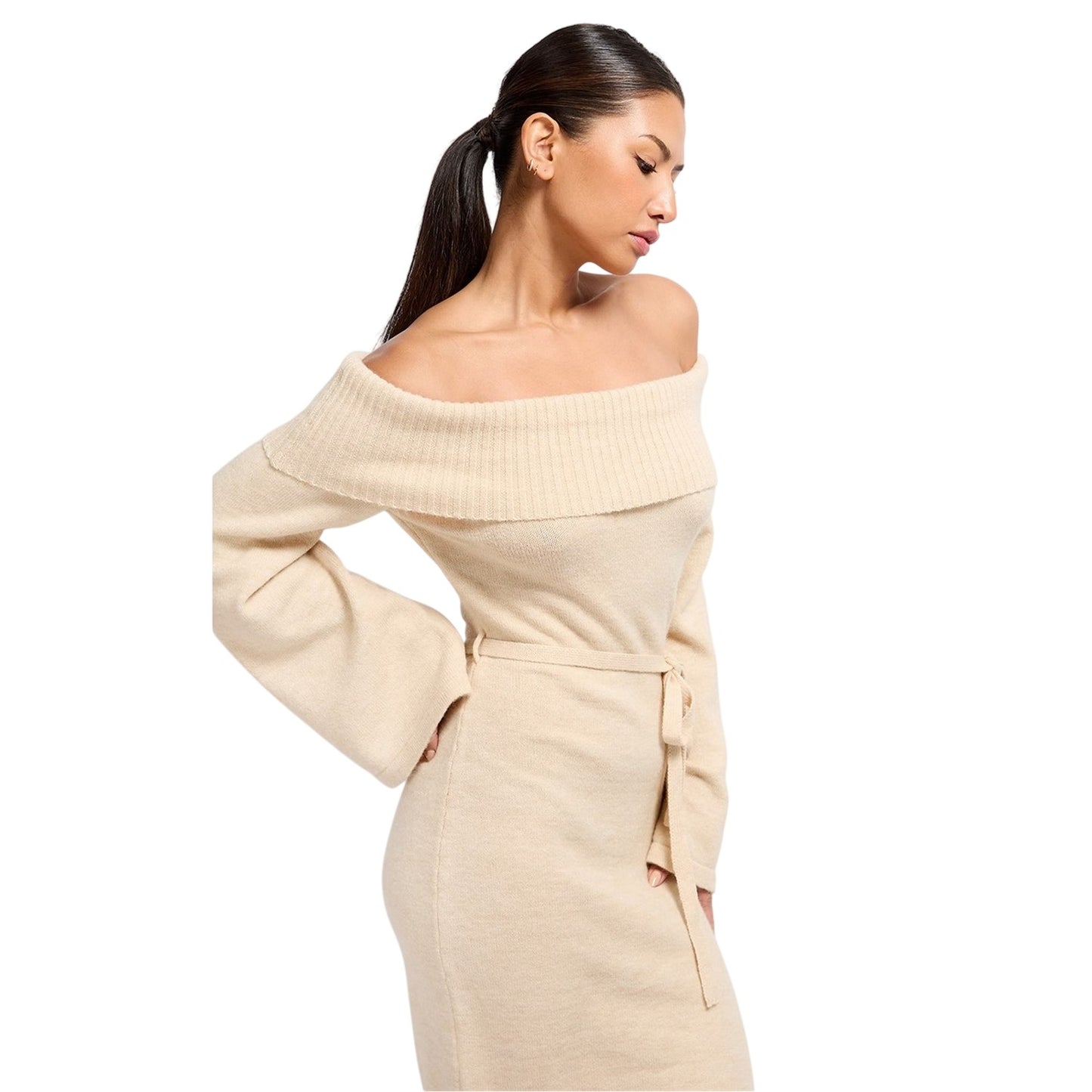 Natural - Side - Little Mistress Womens-Ladies Off Shoulder Bell Sleeve Sweater Dress