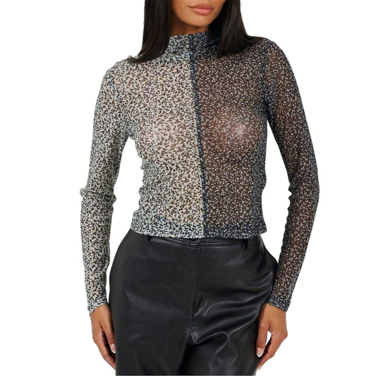 Black-Cream - Front - Brave Soul Womens-Ladies Illusion Mesh Mock Neck Top