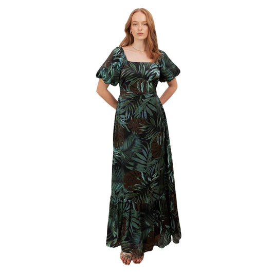 Navy - Front - Lovedrobe Womens-Ladies Tropical Square Neck Puff Sleeve Maxi Dress