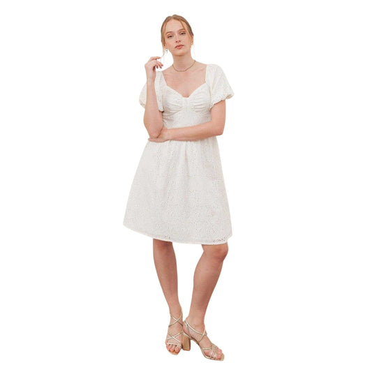 Cream - Front - Lovedrobe Womens-Ladies Bow Puff Sleeve Mini Dress