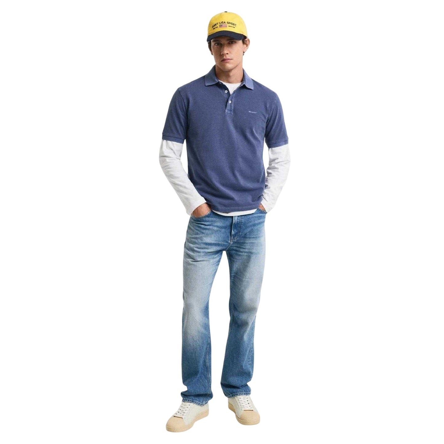 Navy - Side - Gant Mens Logo Pique Sun Faded Polo Shirt