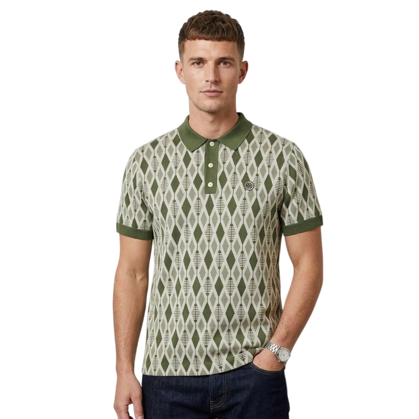 Green - Side - Pretty Green Mens Argyle Knitted Collared Polo Shirt