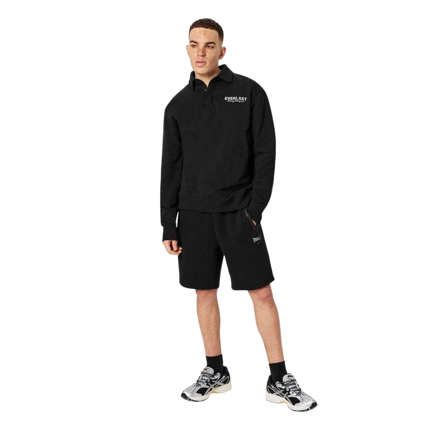 Black - Pack Shot - Everlast Mens Logo Long-Sleeved Polo Shirt