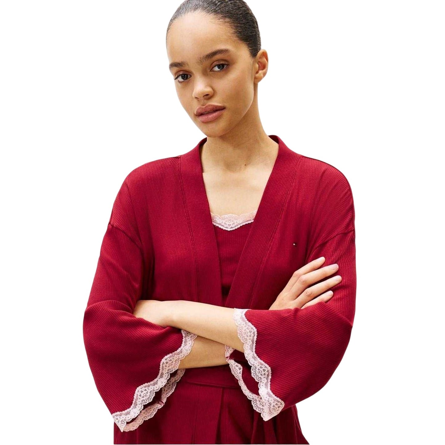 Rouge - Side - Tommy Hilfiger Womens-Ladies Ribbed Lace Trim 3-4 Sleeve Kimono