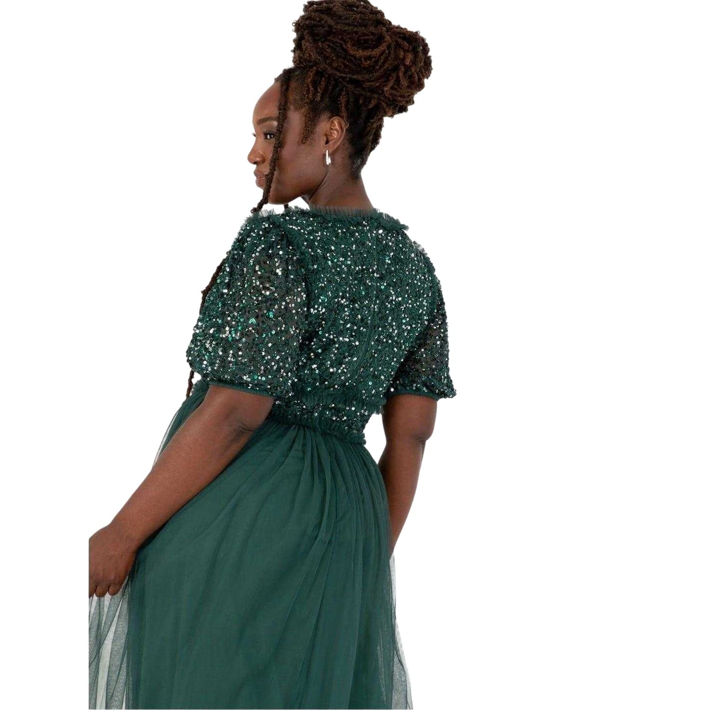 Emerald - Side - Maya Deluxe Womens-Ladies Sequin V Neck Puff Sleeve Gown