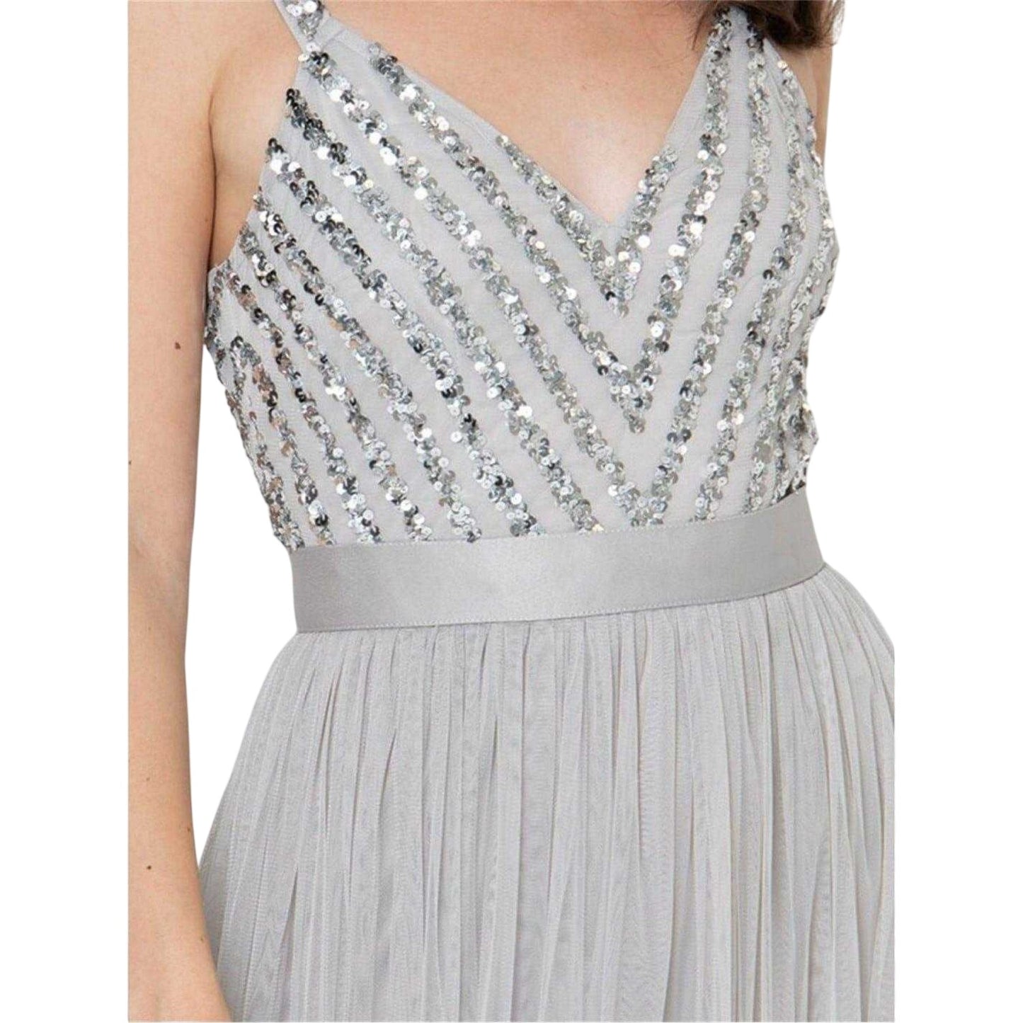 Soft Grey - Side - Maya Deluxe Womens-Ladies Sequin V Neck Sleeveless Gown