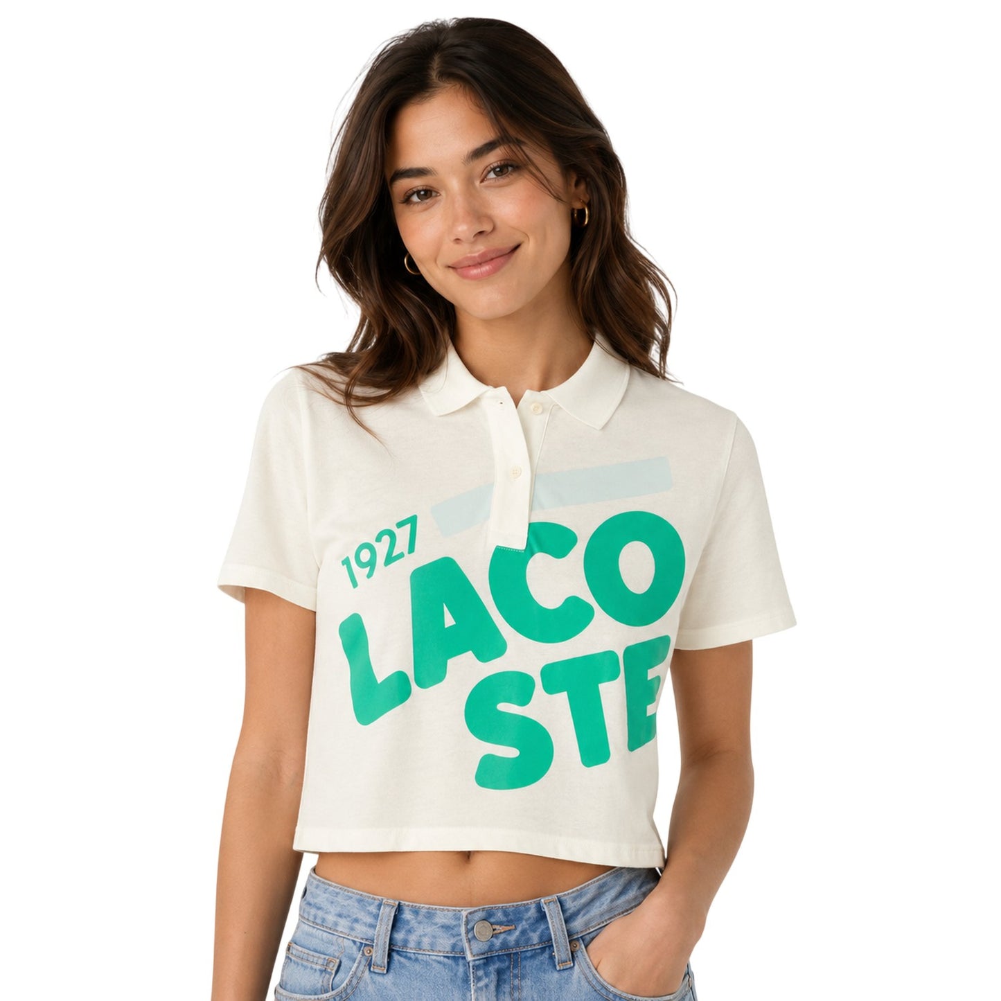 White - Side - Lacoste Womens-Ladies Lettering Cropped Polo Shirt