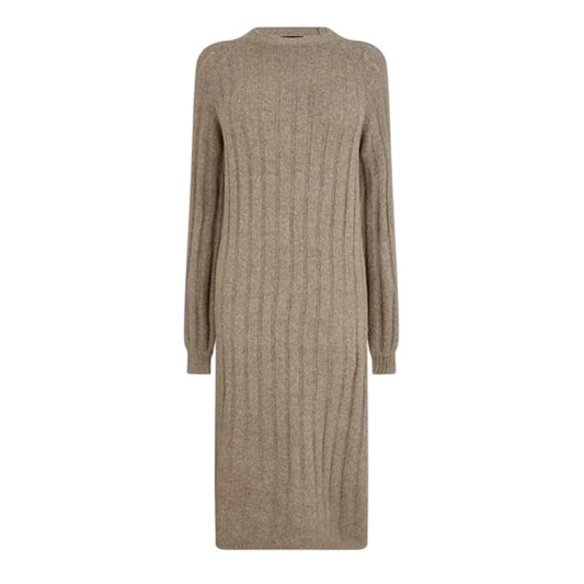 Taupe Grey - Front - Pieces Womens-Ladies Knitted Crew Neck Long-Sleeved Midi Dress