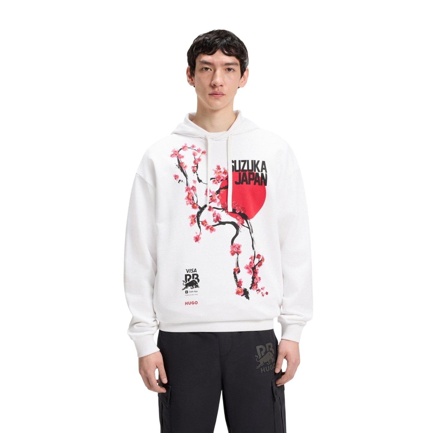 White - Lifestyle - Hugo Mens Regular Long-Sleeved Drawstring Hoodie