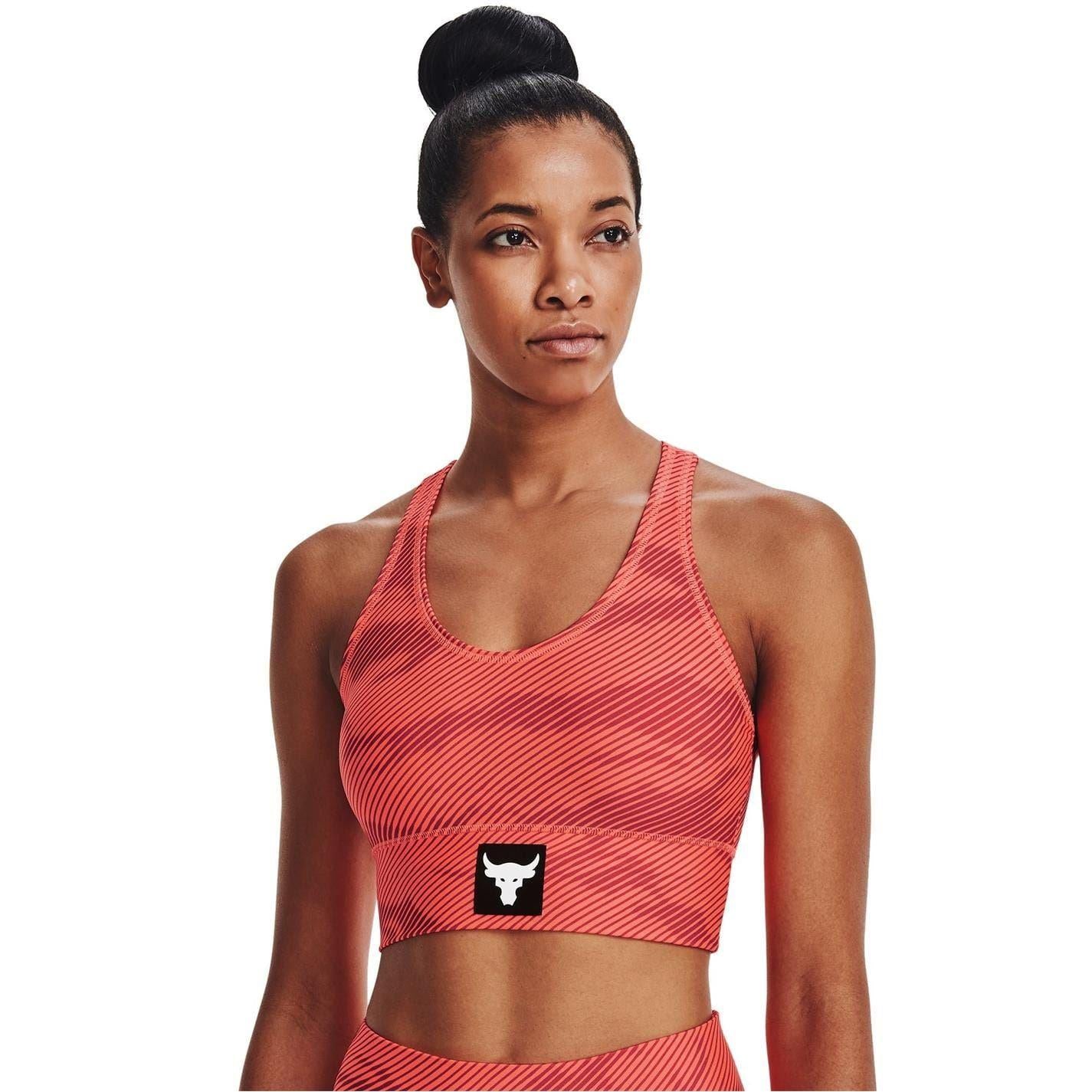 Orange-White - Side - Under Armour Womens-Ladies Project Rock Sports Bra