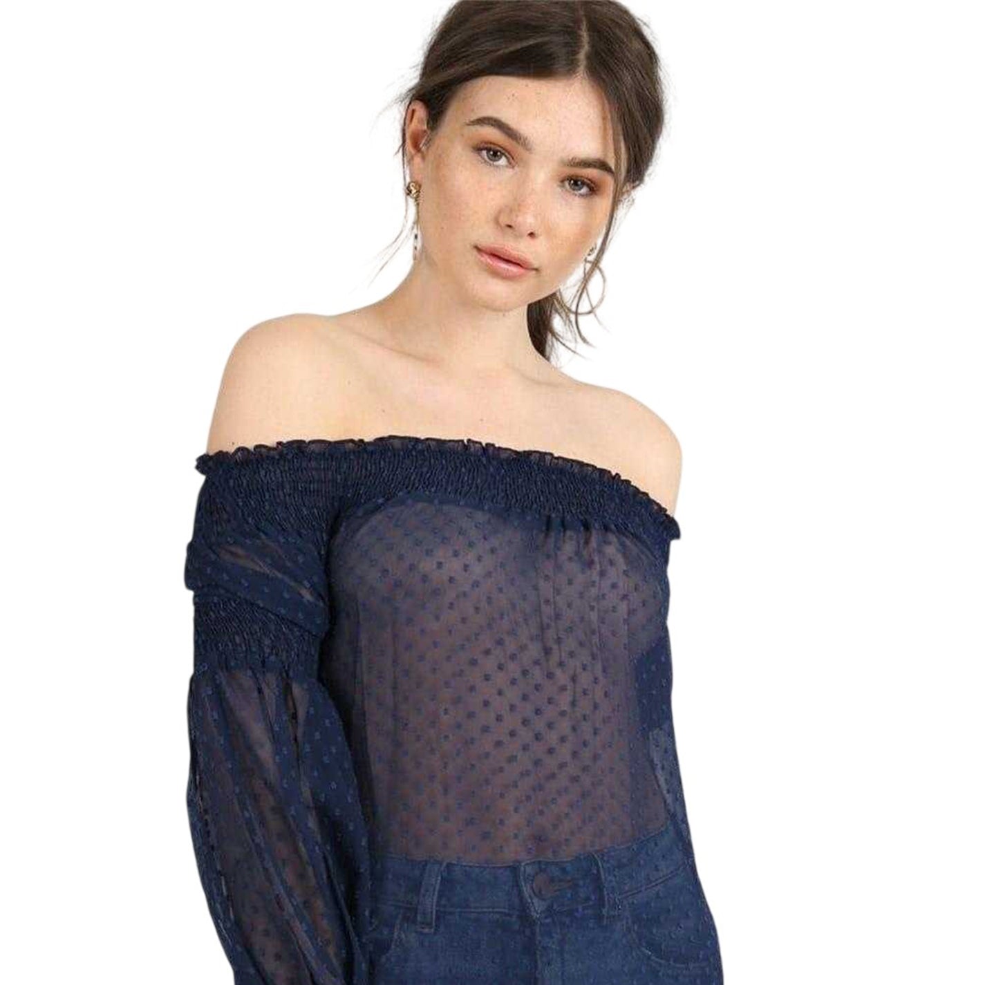 Navy - Side - Influence Womens-Ladies Shirred Bardot Top