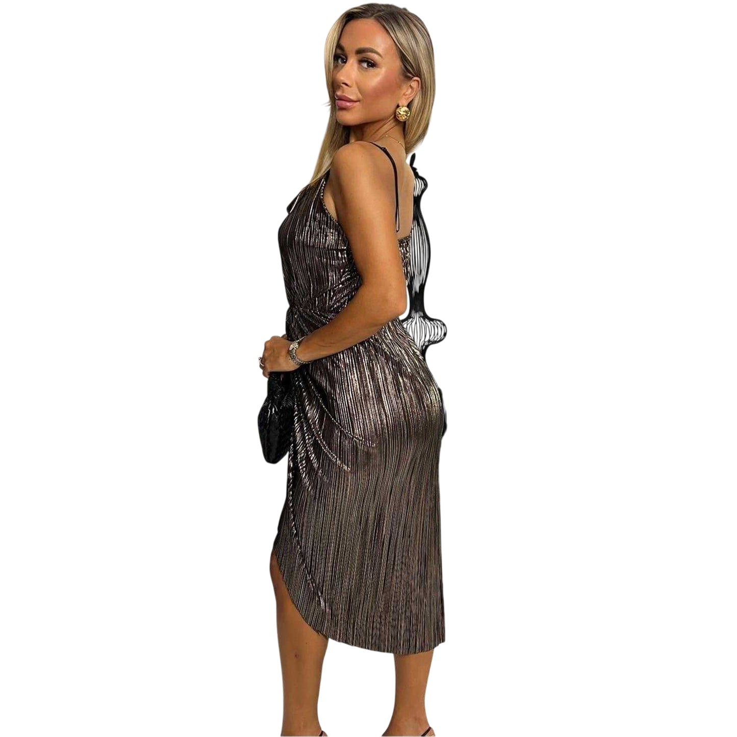 Bronze - Side - AX Paris Womens-Ladies Strappy Plisse Cowl Neck Midi Dress