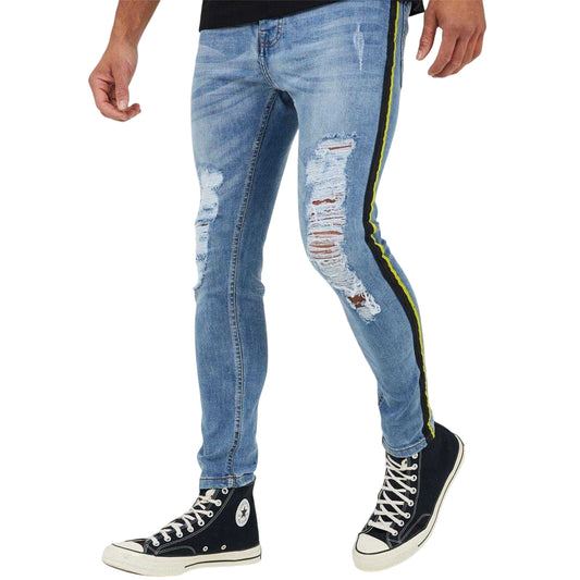 Blue - Front - Brave Soul Mens Denim Distressed Taped Jeans