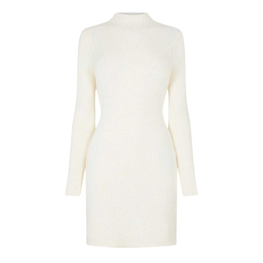 Vintage White - Front - Jack Wills Womens-Ladies Rib Knit Mock Neck Long-Sleeved Midi Dress