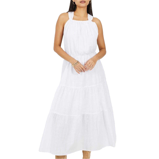 White - Front - Brave Soul Womens-Ladies Tiered Halter Neck Sleeveless Midi Dress