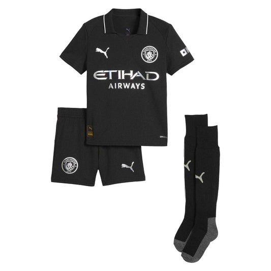 Black - Front - Manchester City FC Childrens-Kids 25-26 Puma Away Kit Set