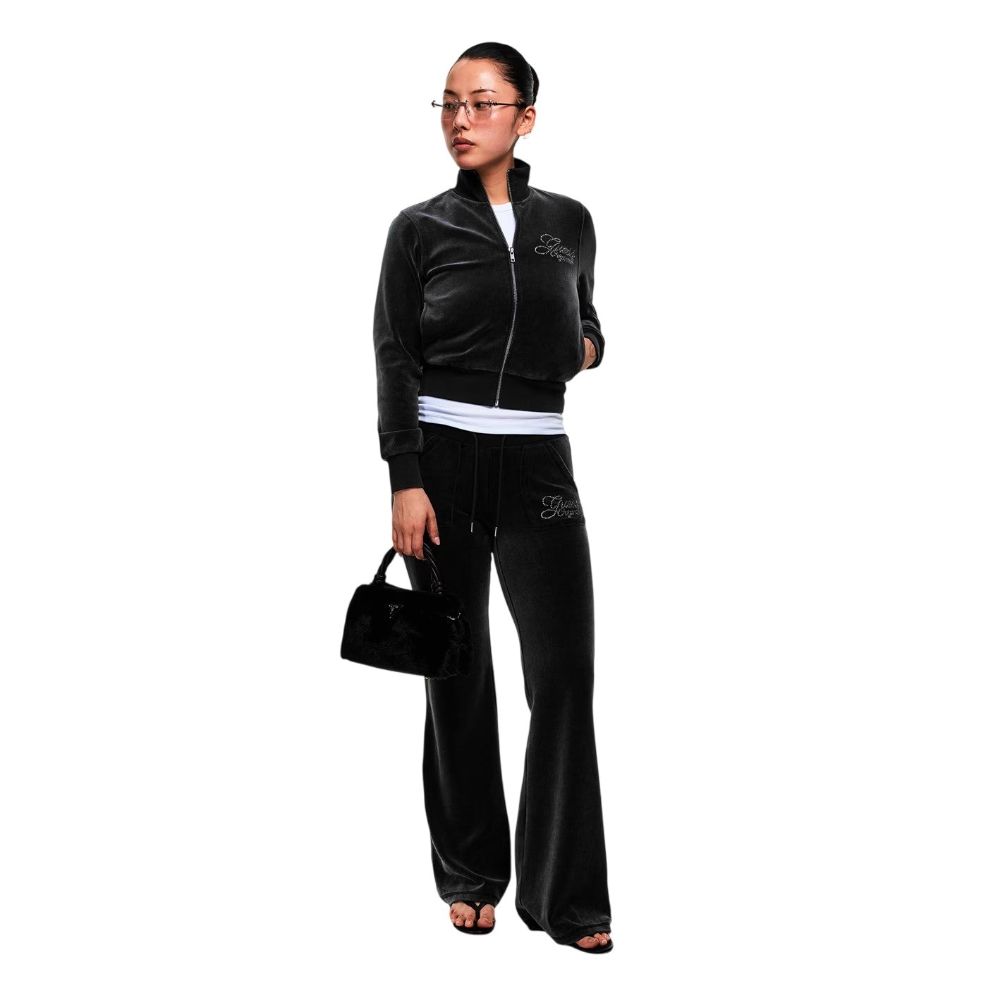 Jet Black - Lifestyle - Guess Womens-Ladies Velour Flared Tracksuit Bottoms