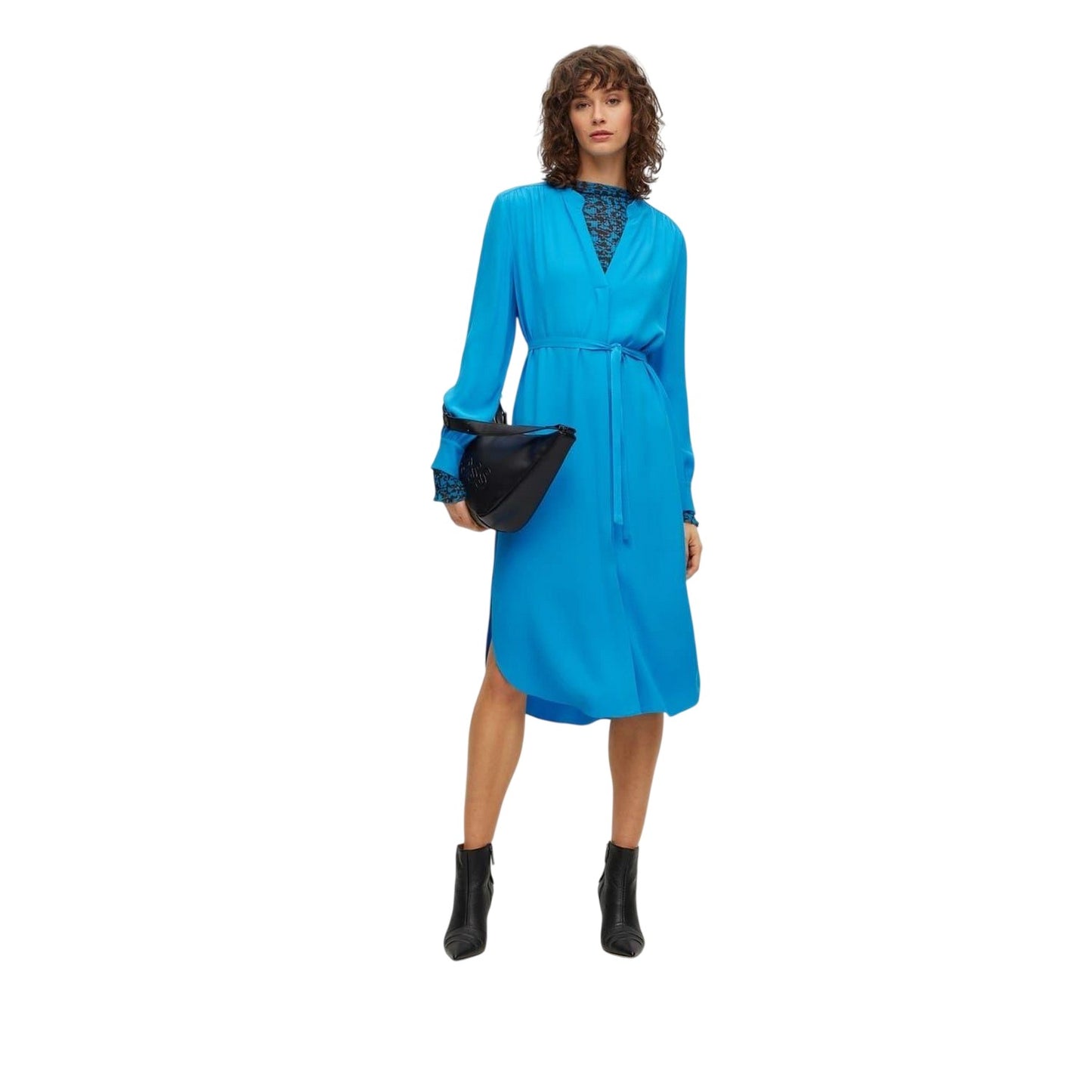 Bright Blue - Lifestyle - Boss Womens-Ladies Dibanorah Notch Neck Long-Sleeved Midi Shirt Dress