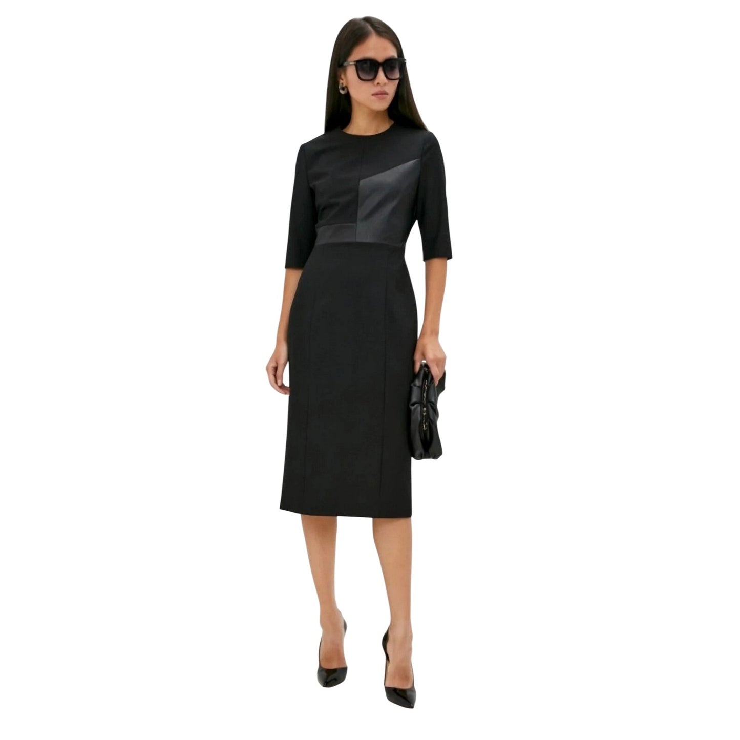 Black - Lifestyle - Boss Womens-Ladies Dezona Asymmetric Crew Neck Midi Dress