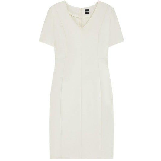 White - Front - Boss Womens-Ladies Damaisa V Neck Slim Short-Sleeved Midi Dress