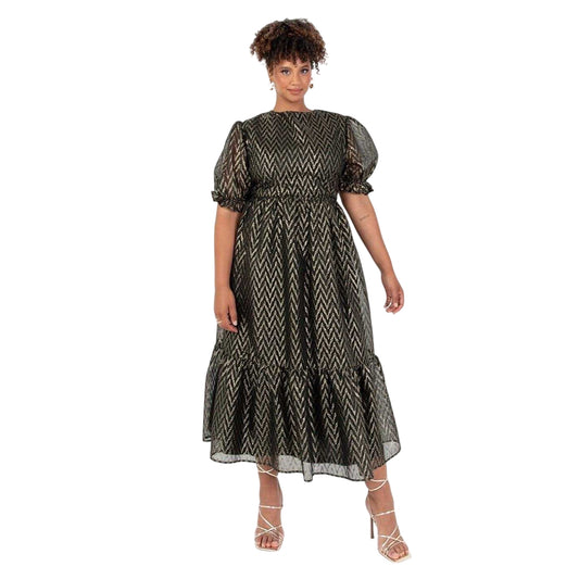 Gold - Front - Lovedrobe Womens-Ladies Chevron Short-Sleeved Midi Dress