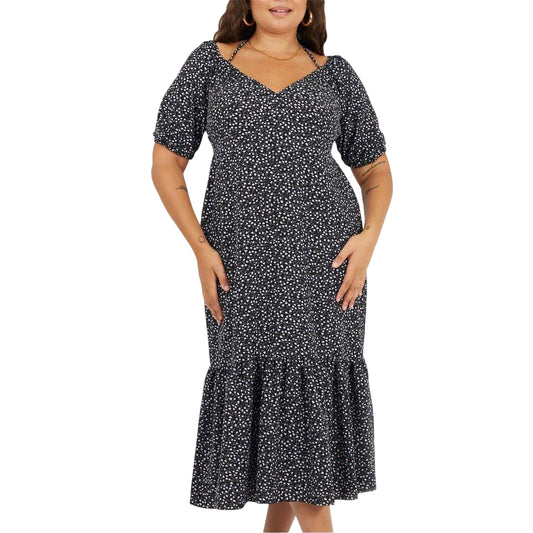 Black-Purple - Front - Brave Soul Womens-Ladies Polka Dot V Neck Curved Short-Sleeved Midi Dress