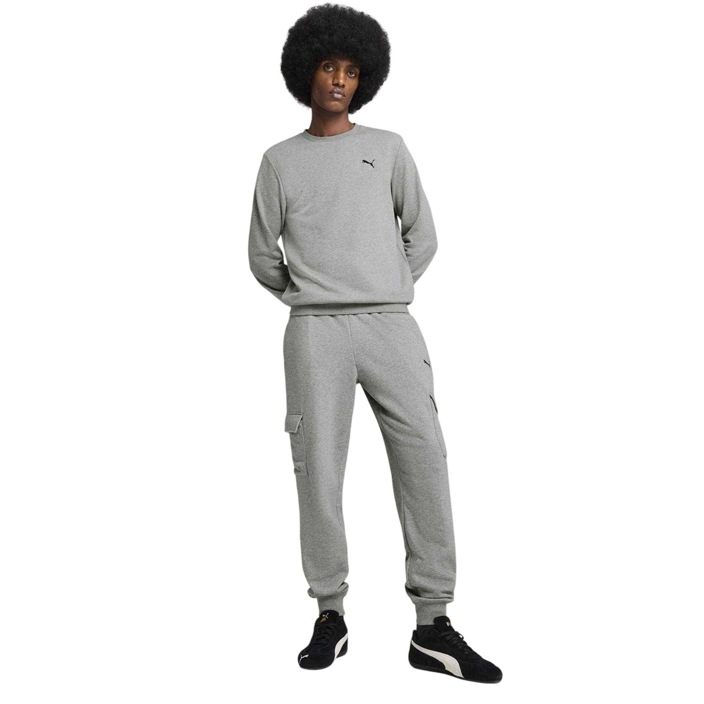 Grey - Pack Shot - Puma Mens Fleece Logo Cargo Trousers