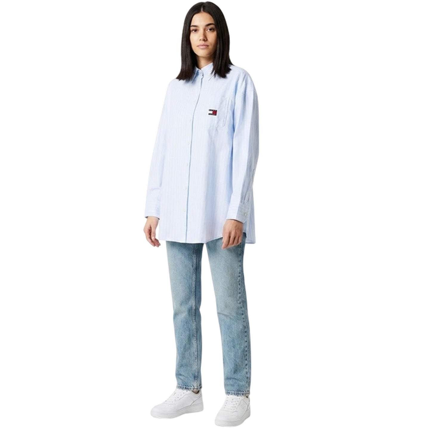 Blue - Pack Shot - Tommy Jeans Womens-Ladies Oxford Relaxed Fit Long-Sleeved Shirt Dress