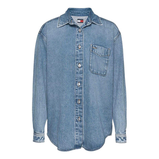 Light Denim - Front - Tommy Jeans Womens-Ladies Denim Relaxed Fit Long-Sleeved Shirt